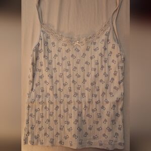 Brandy Melville Cream Cami with Blue Floral Print and Lace Trim